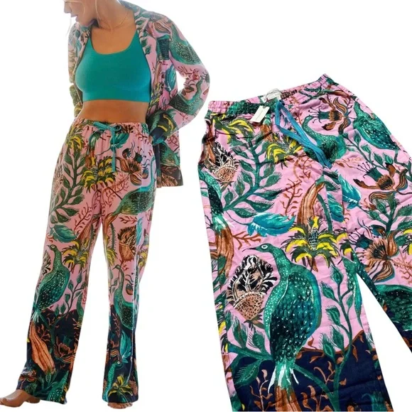 Raphael Balme for Anthropologie Peacock Flannel Sleep Pink Pants Size S - Picture 5 of 12